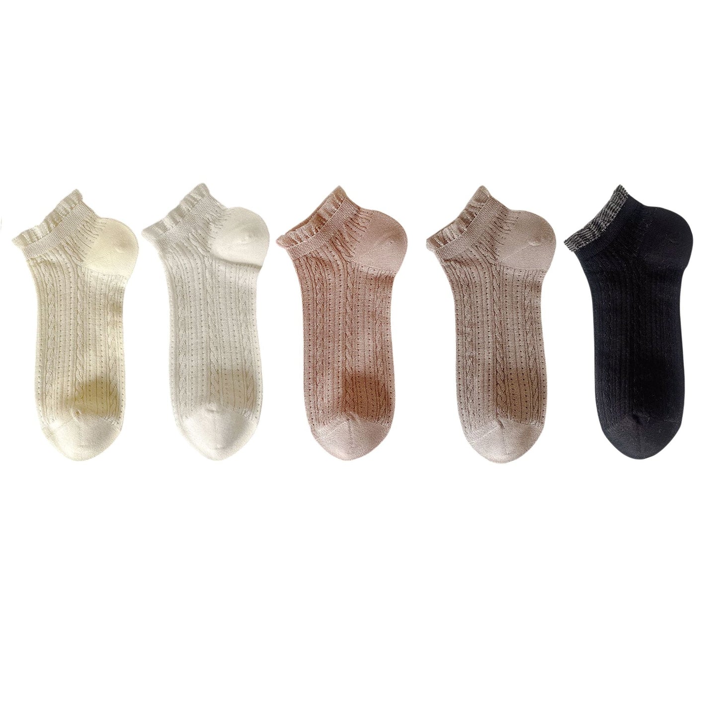 Anna-Kaci 5 Pairs Women's Ruffle Cuff Lace Knit Ankle Socks Breathable Soft Stretch Fabric with Multiple Color Options