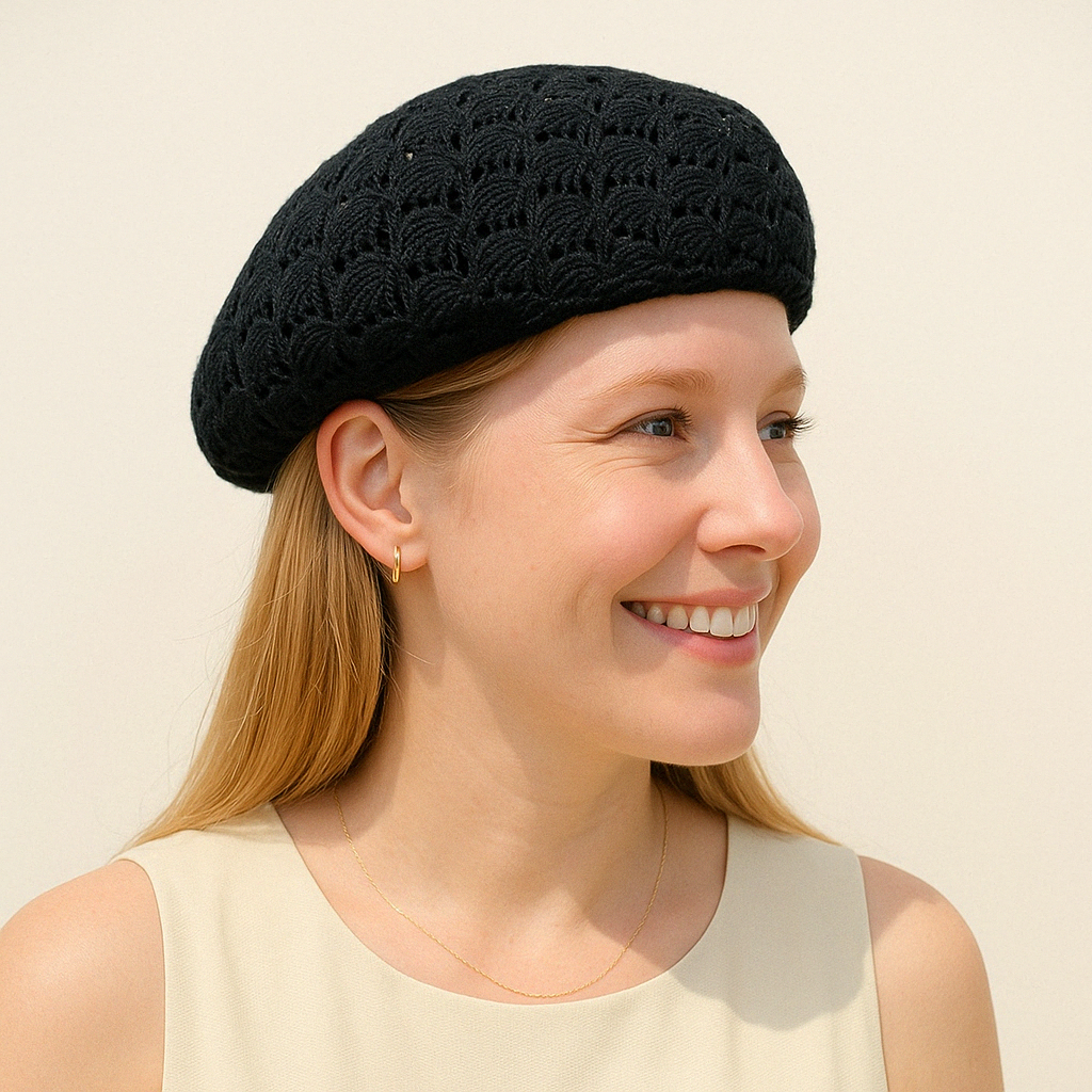 Anna-Kaci Women's Lightweight Crochet Beret Hat with Open Knit Pattern and Soft Stretch Fit