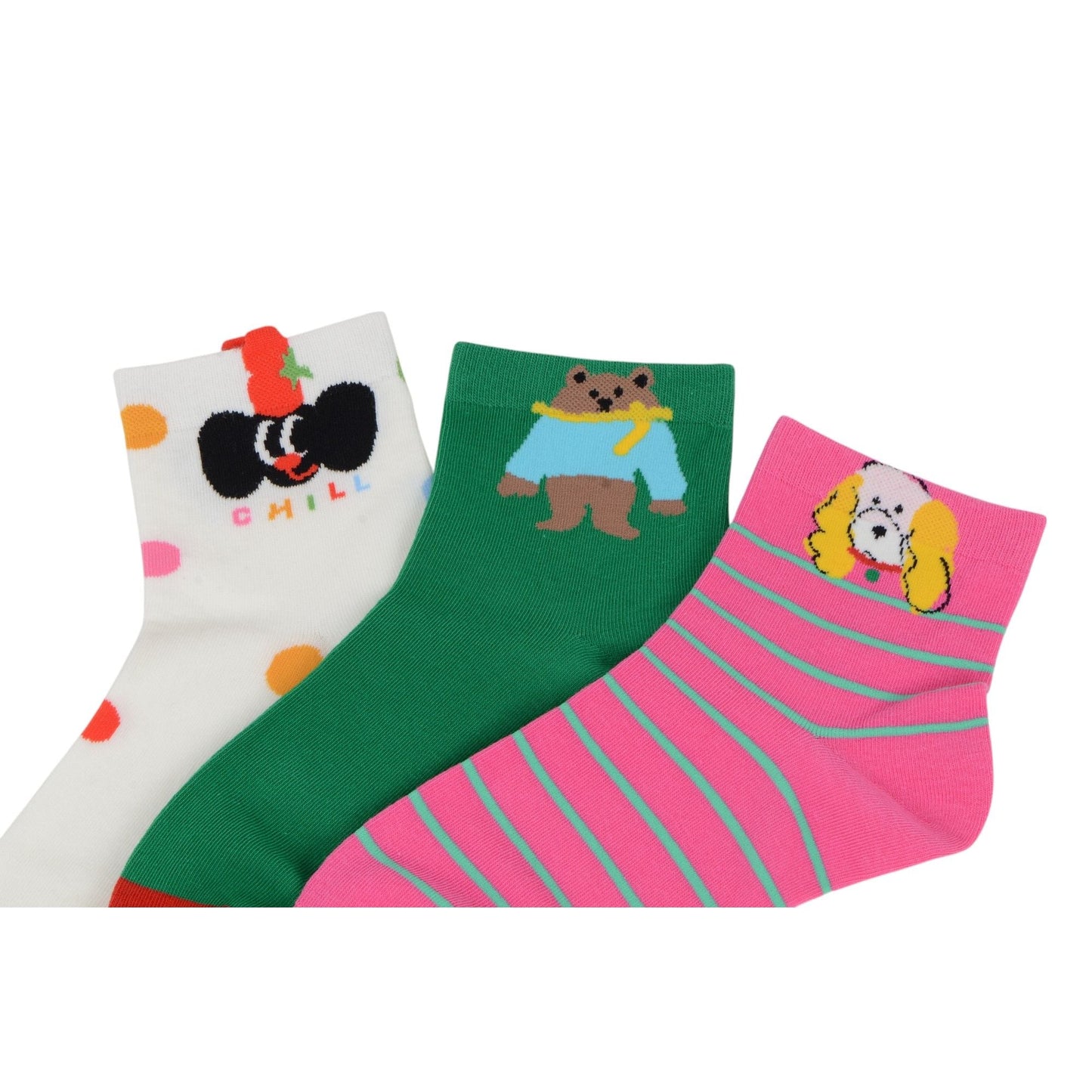 Anna-Kaci Renaissance Women 3-Pair Ankle Socks Set Assorted Patterns Featuring Colorblock, Cartoon Characters, and Butterfly Prints