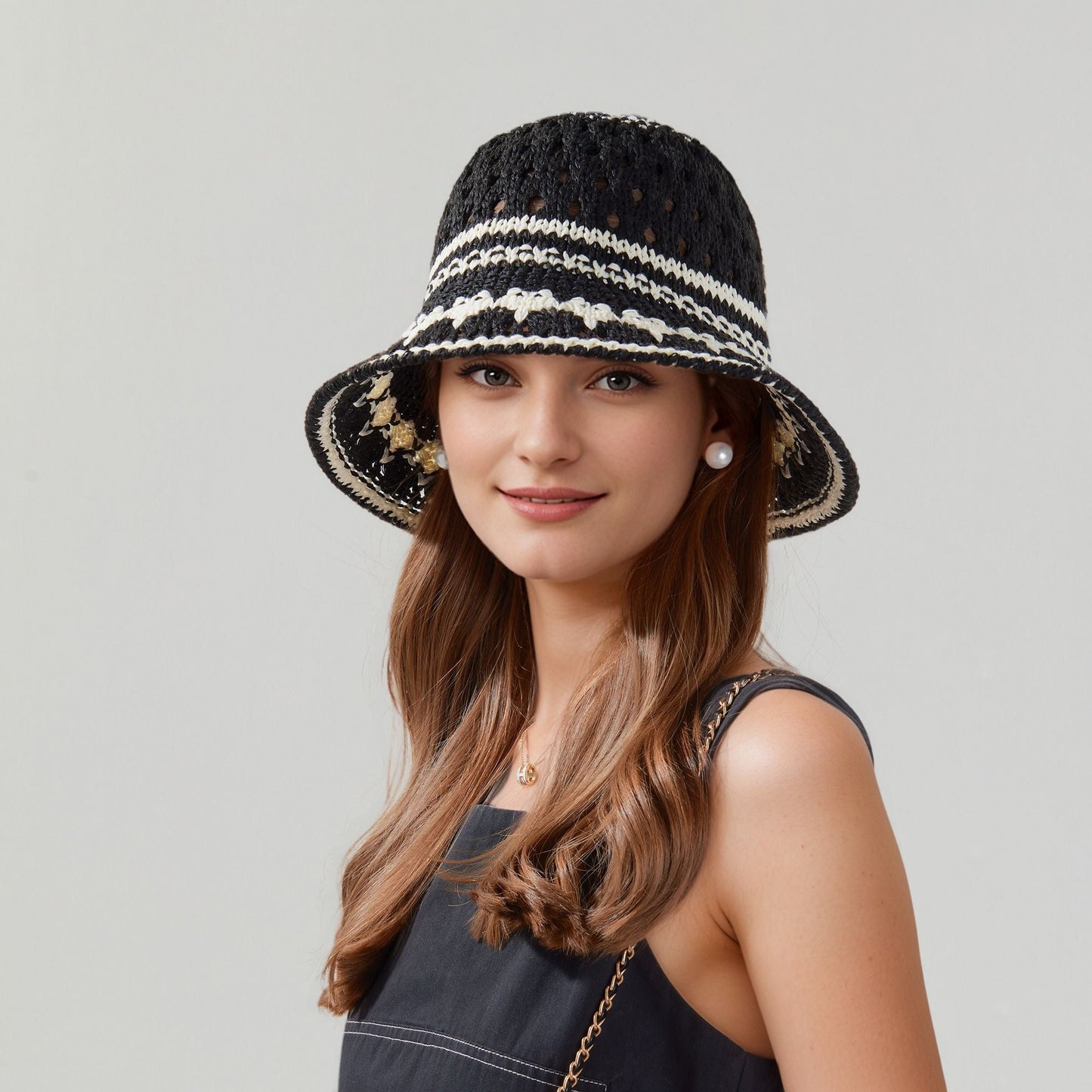 Anna-Kaci Crochet Knit Bucket Hat with Openwork Floral Pattern and Rolled Brim for Lightweight Summer Style