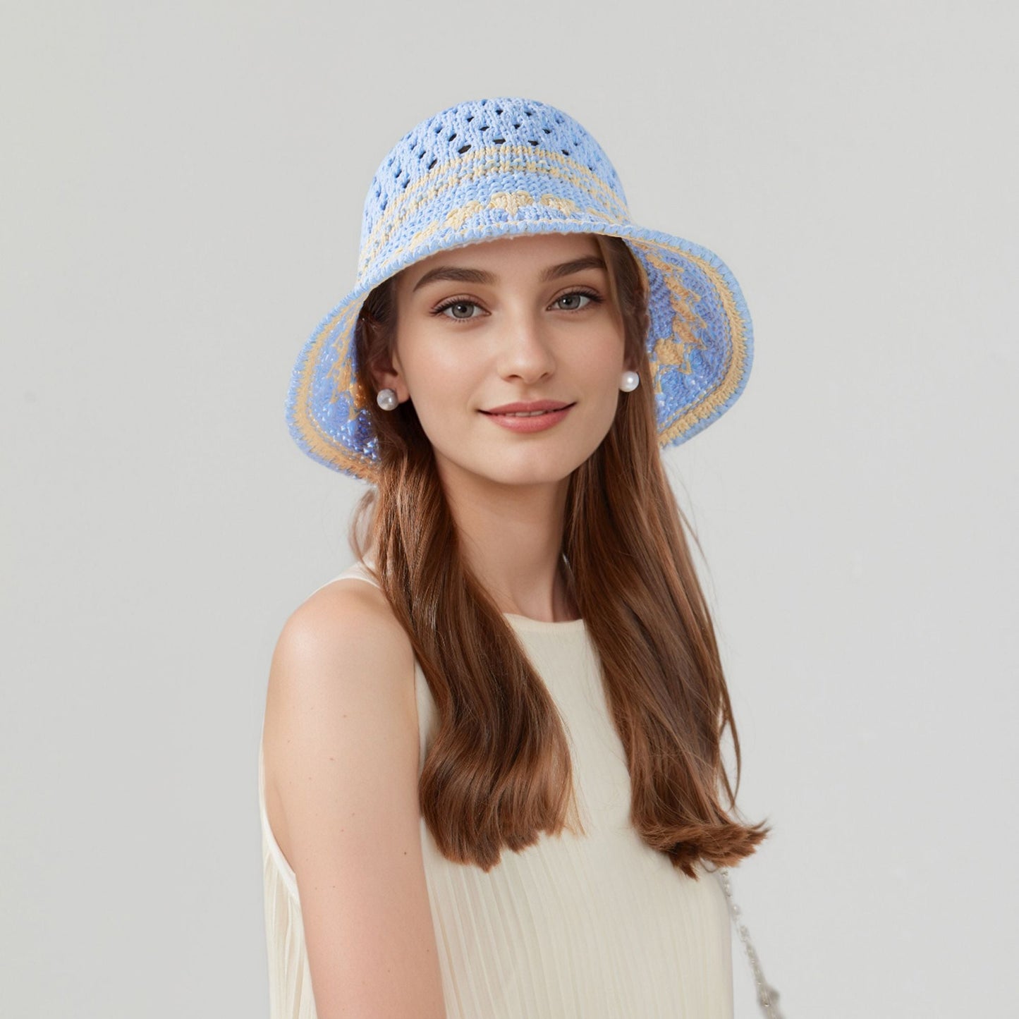 Anna-Kaci Crochet Knit Bucket Hat with Openwork Floral Pattern and Rolled Brim for Lightweight Summer Style