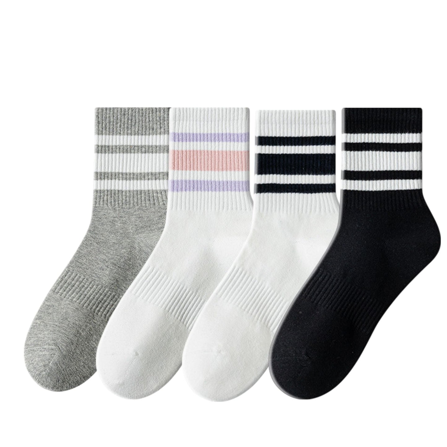 Anna-Kaci Crew Socks 4-Pack White Base Colorful Ribbed Cuff Striped Design Stretch Comfort Breathable Fit
