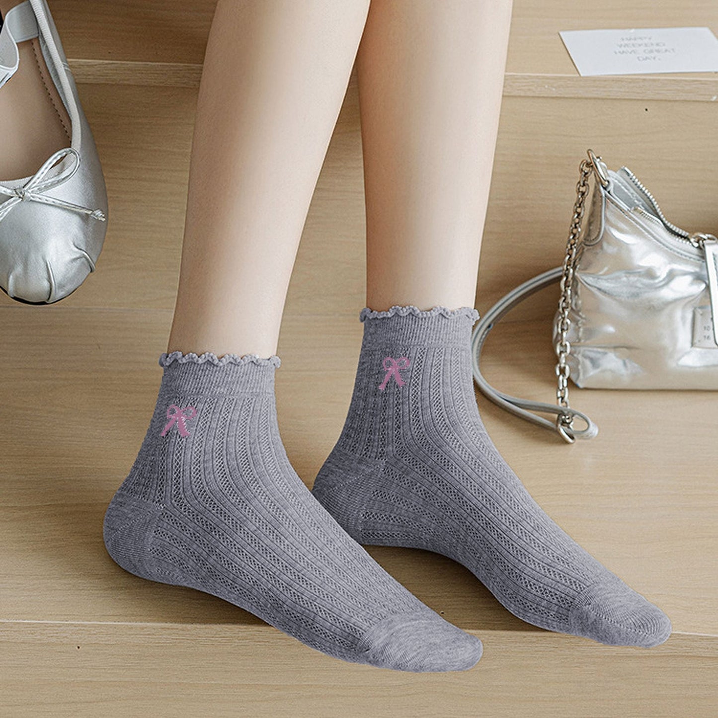 Anna-Kaci Women's Summer Ribbed Ankle Socks with Bow Embroidery 5Pk