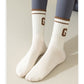 Anna-Kaci Women's 4-Pair Pack Ribbed Cotton Crew Socks with Striped Cuffs and G Letter Detail in Neutral Athletic Color Combinations