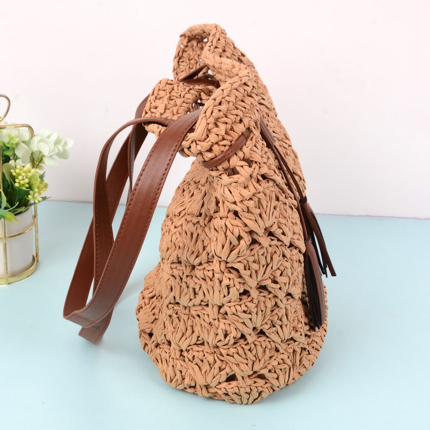 Anna-Kaci Women's Rustic Straw Shoulder Bag with Leather Accents