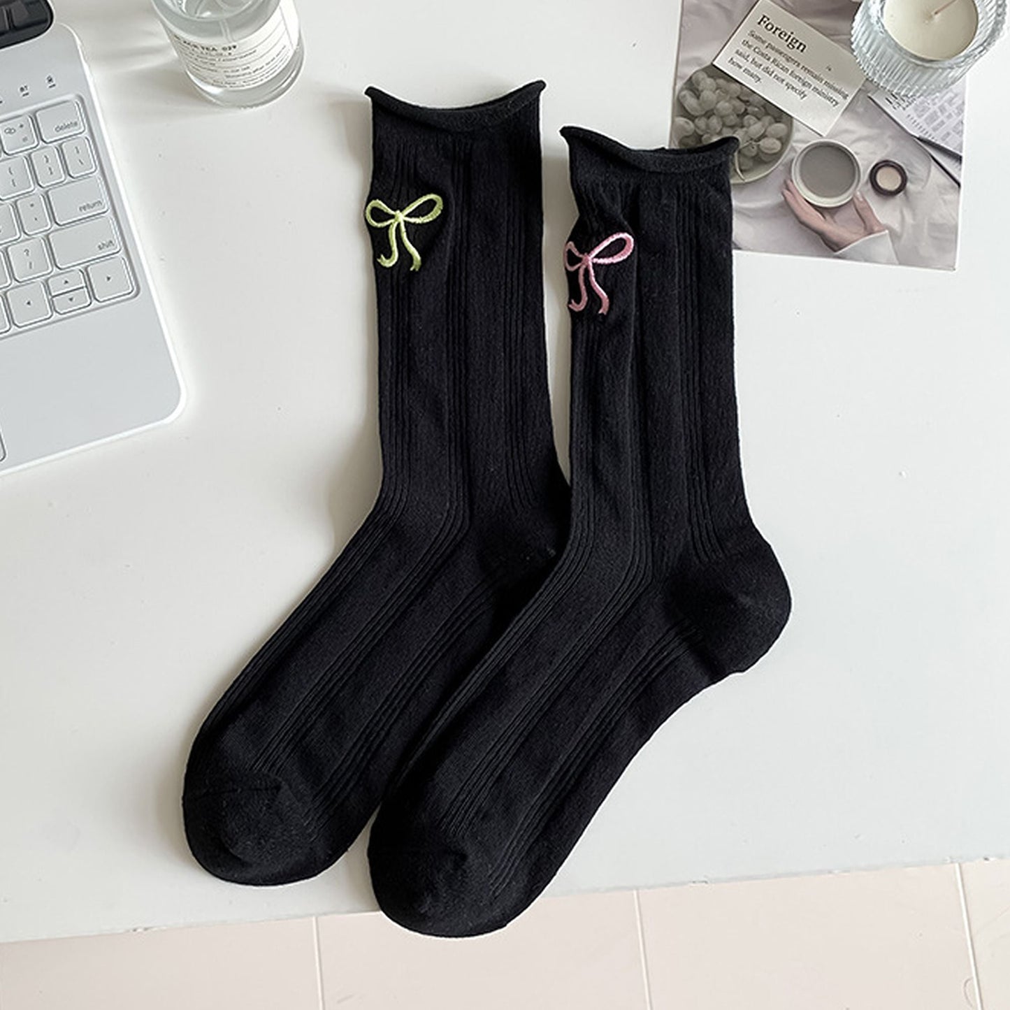 Anna-Kaci Adorable Women's Bow-Embroidered Ribbed Ankle Socks 5Pk