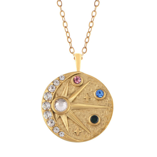 Women's Stainless Steel Necklace with 18K Gold Plated Cosmic Pendant, Colorful Zircon Accents, Adjustable Chain