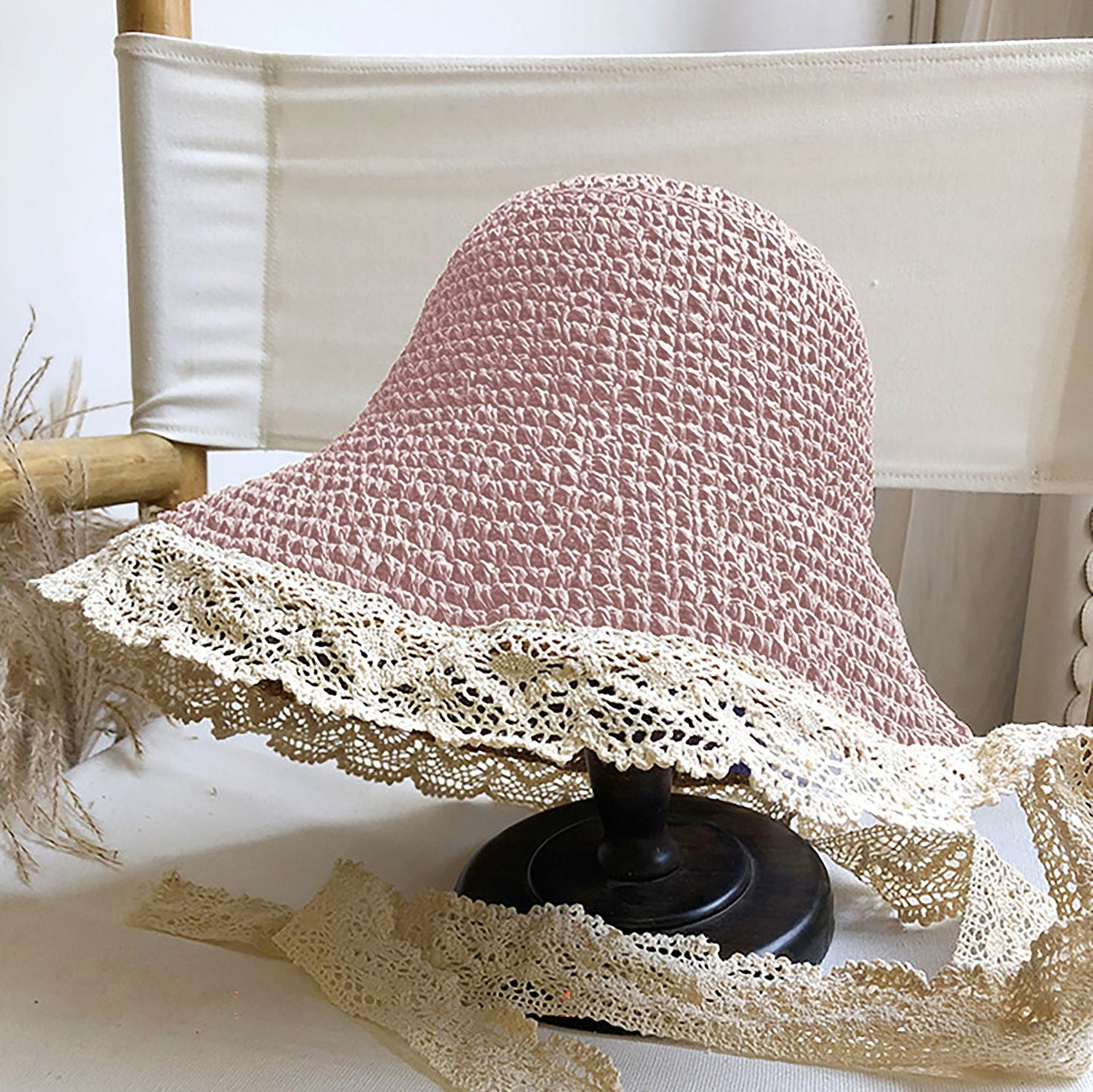 Anna-Kaci Women's Crochet Straw Hat with Lace Trim and Bow Detail