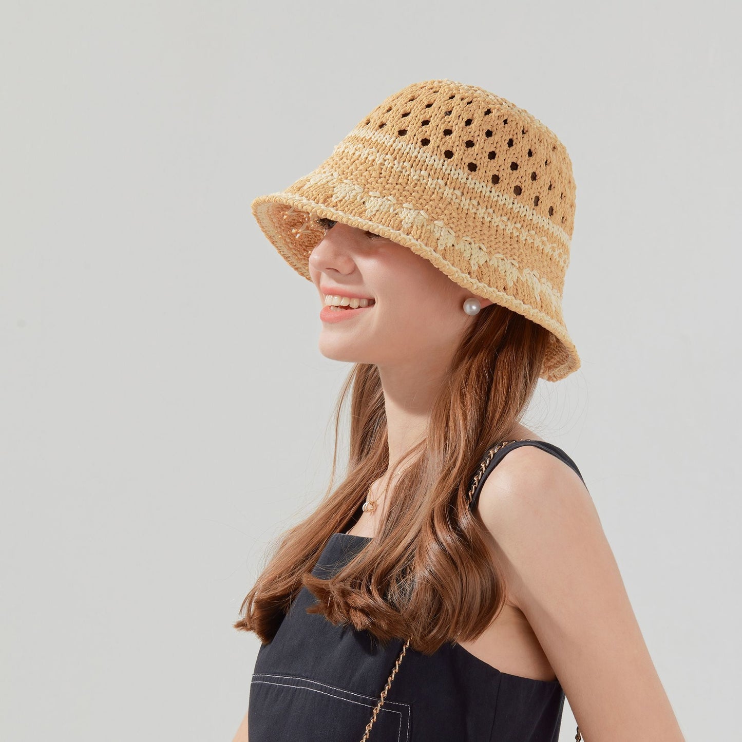 Anna-Kaci Crochet Knit Bucket Hat with Openwork Floral Pattern and Rolled Brim for Lightweight Summer Style