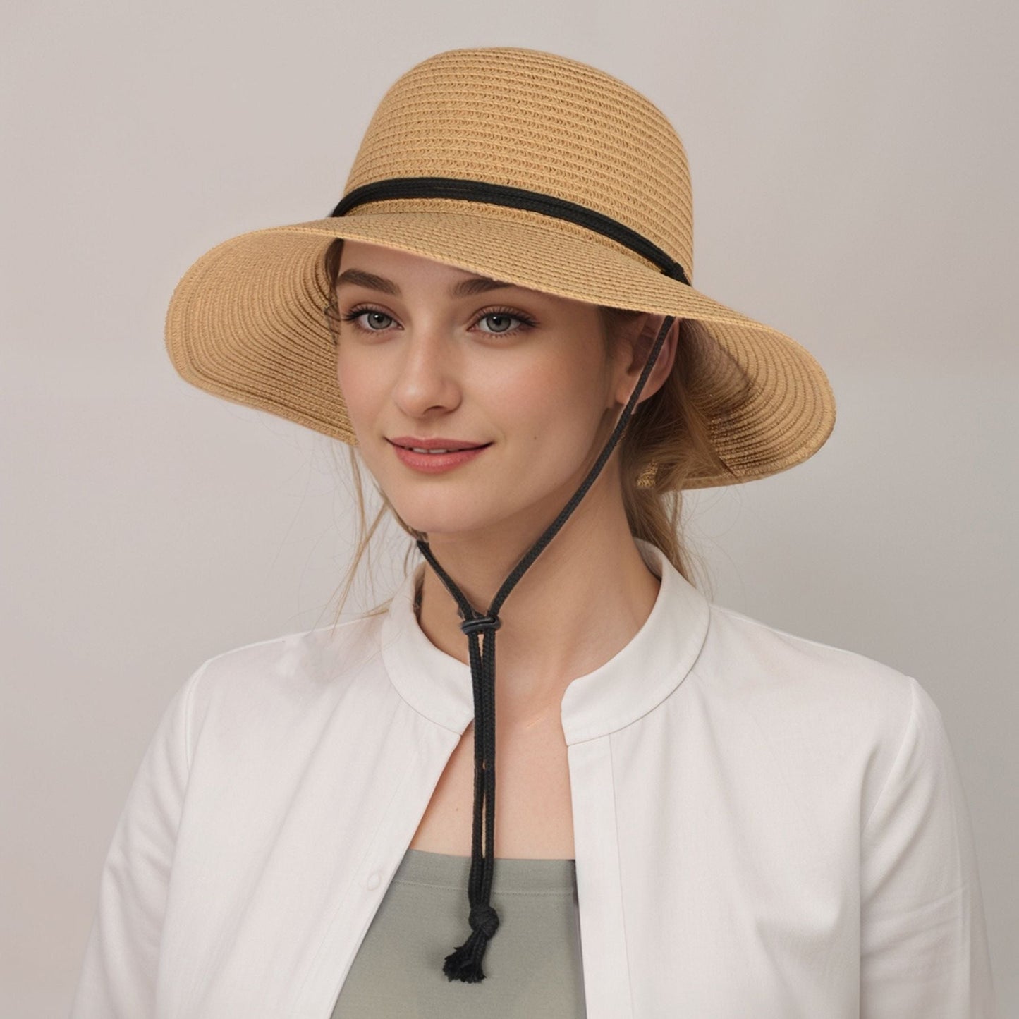 Anna-Kaci Wide Brim Straw Sun Hat with Chin Strap and Black Cord Detail for Outdoor Protection and Stylish Shade