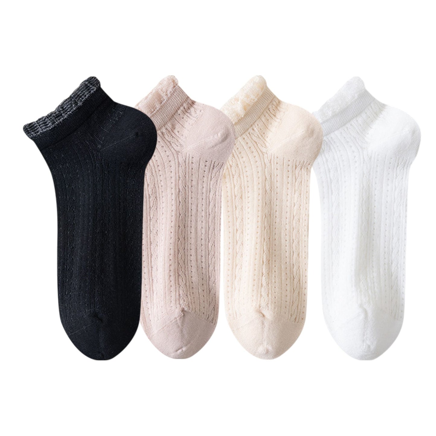Anna-Kaci Women's 4-Pair Pack Breathable Lace Trim Ankle Socks with Open Knit Mesh Texture and Cotton Comfort