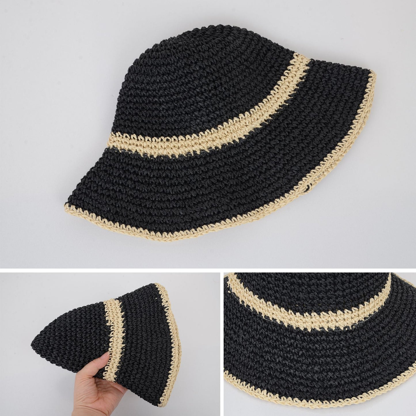 Anna-Kaci Packable Crochet Straw Bucket Hat with Two-Tone Design Lightweight Summer Sun Hat for Beach Travel Hiking Outdoor Use