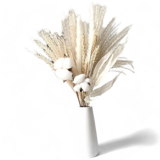 Alilang Cotton and Pampas Grass Dried Floral Arrangement with Wheat and Palm Leaves, 17.5 Inches