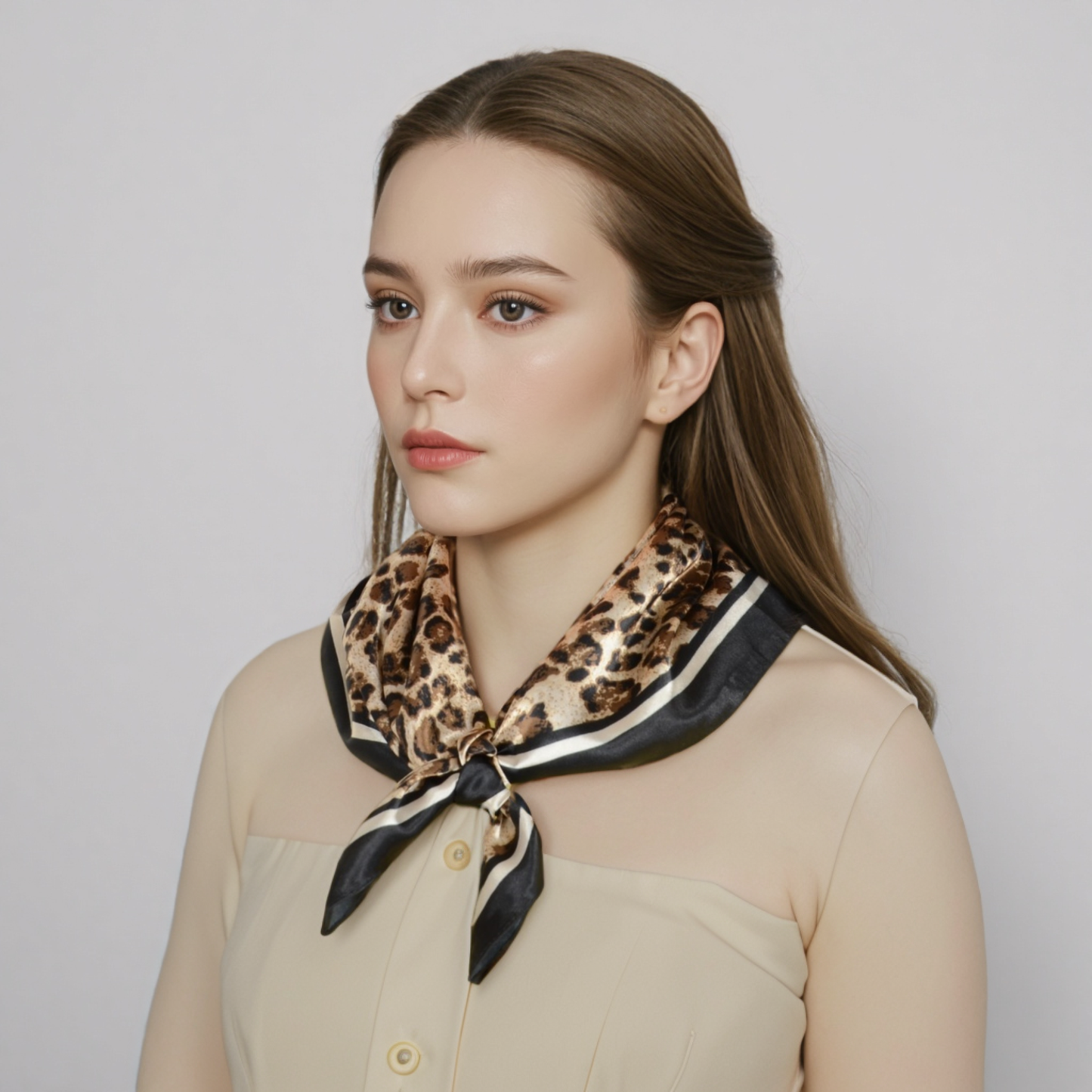 Anna-Kaci Women's Leopard Print Square Scarf with Contrast Border Satin Feel Lightweight Neck Accessory