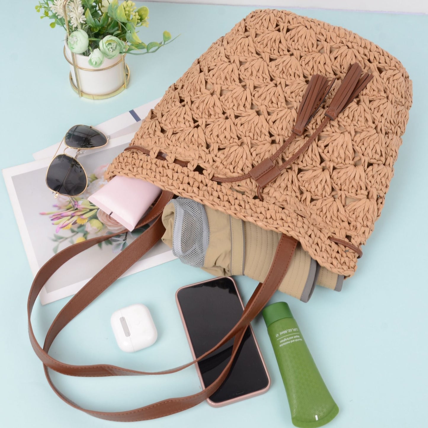 Anna-Kaci Women's Rustic Straw Shoulder Bag with Leather Accents