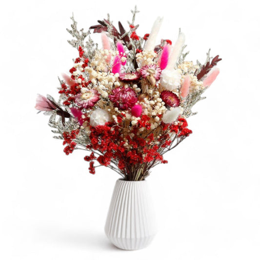Alilang Vibrant Dried Flowers Mixed Floral Arrangement with Pink and Red Accents, 17.8 Inches