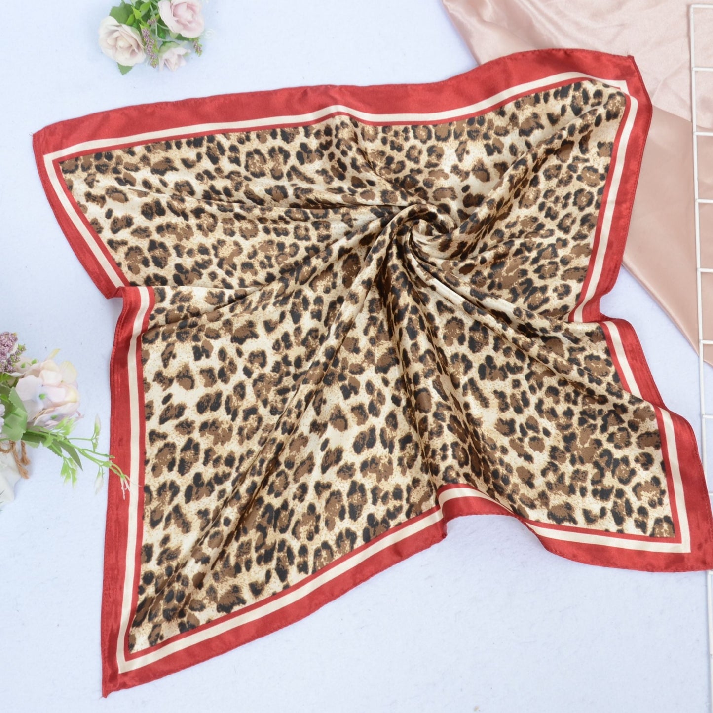 Anna-Kaci Women's Leopard Print Square Scarf with Contrast Border Satin Feel Lightweight Neck Accessory