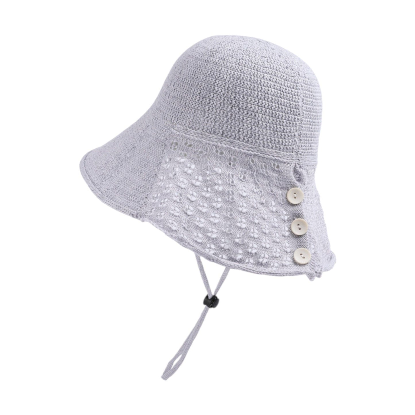 Anna-Kaci Crochet Bucket Hat with Adjustable Chin Strap and Back Button Eyelet Panel for Sun Protection