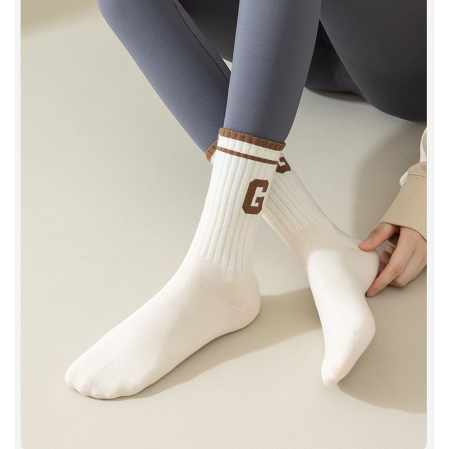 Anna-Kaci Women's 4-Pair Pack Ribbed Cotton Crew Socks with Striped Cuffs and G Letter Detail in Neutral Athletic Color Combinations