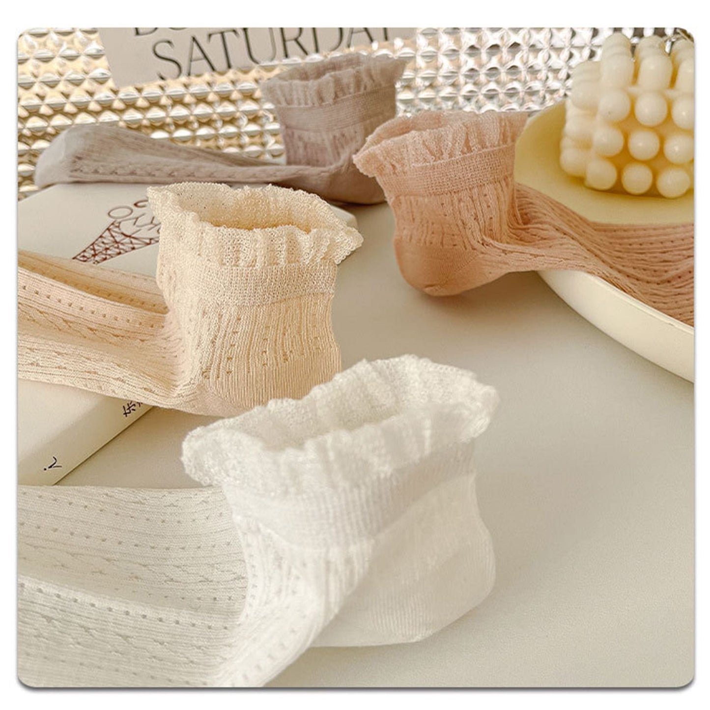 Anna-Kaci 5 Pairs Women's Ruffle Cuff Lace Knit Ankle Socks Breathable Soft Stretch Fabric with Multiple Color Options