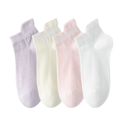 Anna-Kaci 4 Pairs Women Low-Cut Lace Knit Ankle Socks Soft Stretch Cotton Mesh Design Breathable Lightweight Everyday Wear