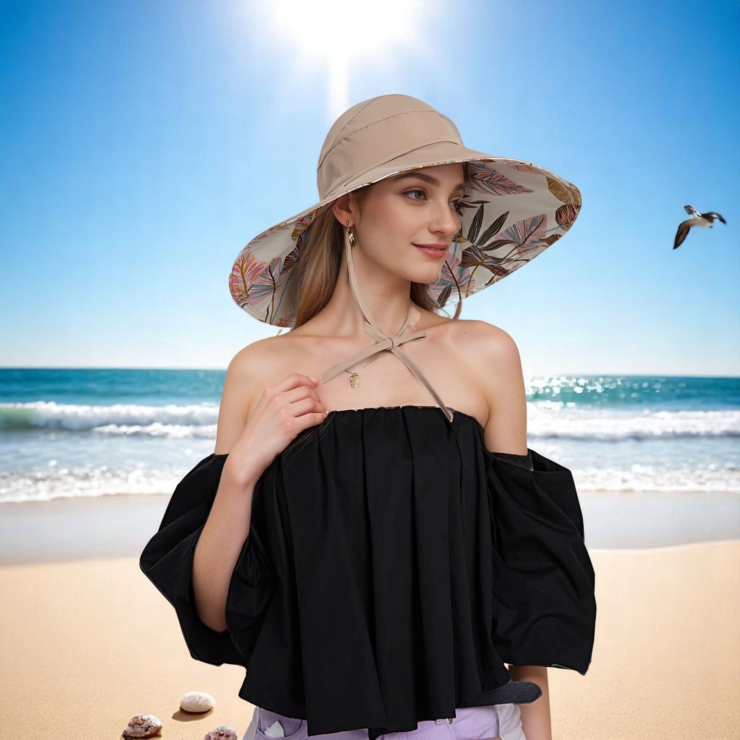 Anna-Kaci Wide Brim Sun Hat with Ponytail Hole Neck Tie Closure and Patterned Lining for UV Protection and Outdoor Style