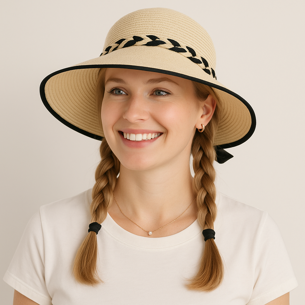 Anna-Kaci Women's Wide Brim Straw Hat with Braided Band and Contrast Bow Detail