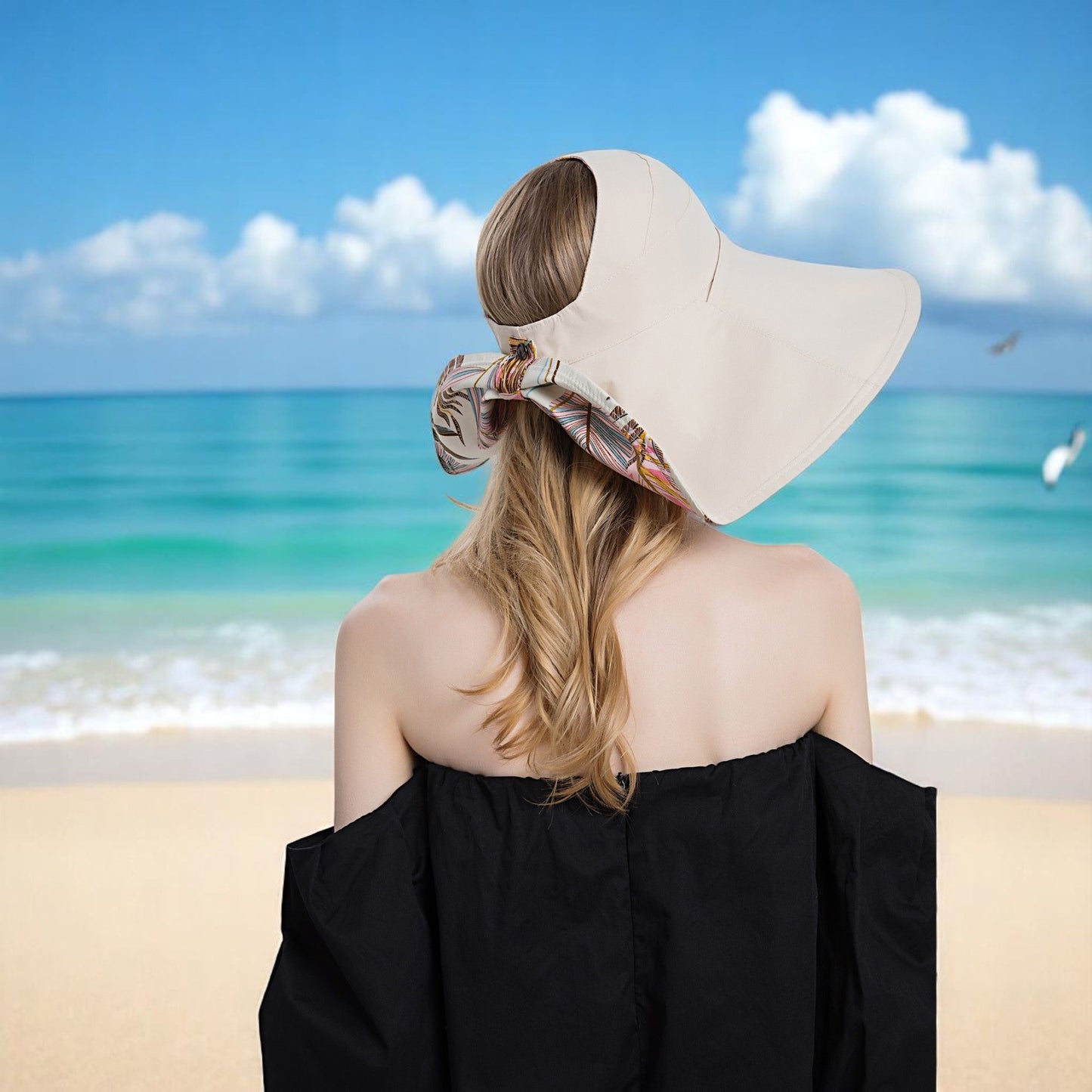Anna-Kaci Wide Brim Sun Hat with Ponytail Hole Neck Tie Closure and Patterned Lining for UV Protection and Outdoor Style