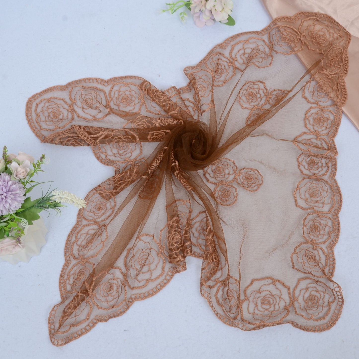 Anna-Kaci Women's Sheer Lace Neck Scarf with Embroidered Rose Floral Edging and Scalloped Trim Detail