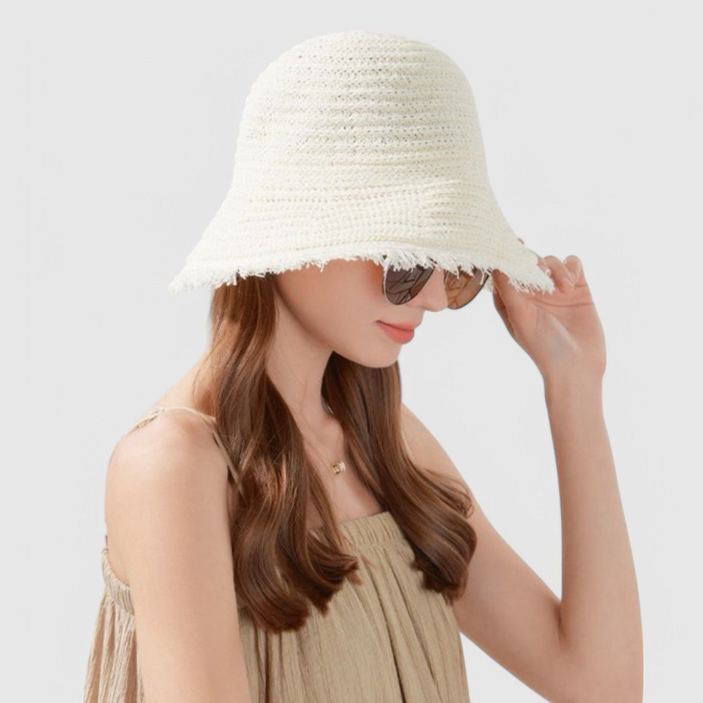 Anna-Kaci Women's Woven Bucket Hat with Soft Frayed Brim and Lightweight Straw Texture