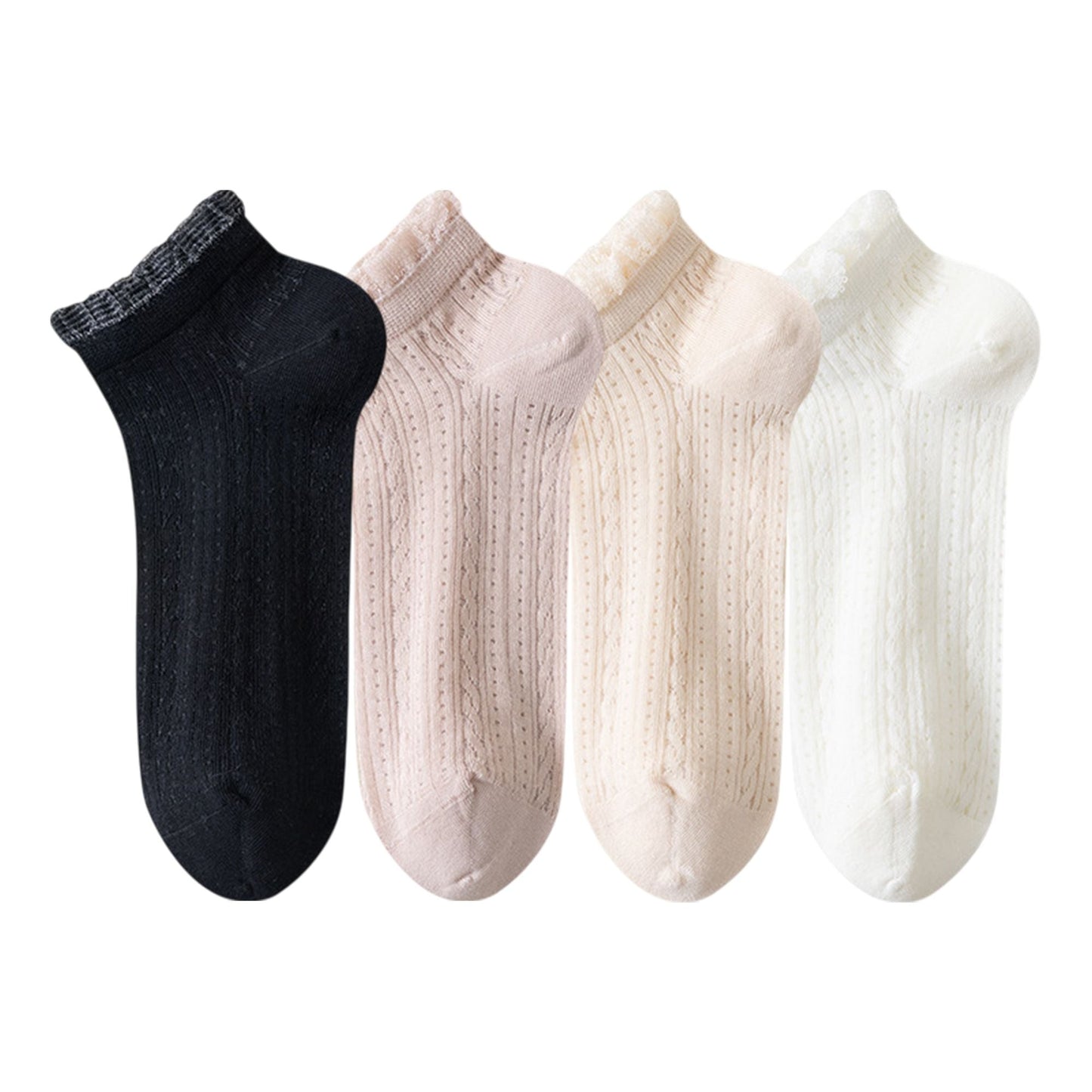 Anna-Kaci Women's 4-Pair Pack Breathable Lace Trim Ankle Socks with Open Knit Mesh Texture and Cotton Comfort