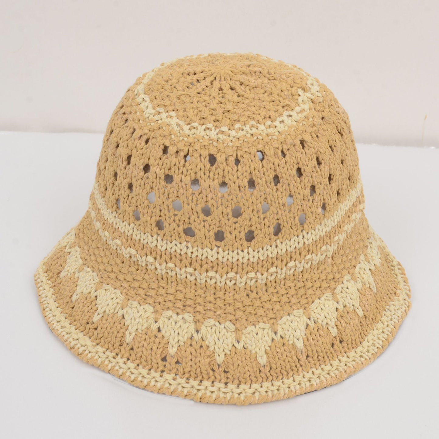 Anna-Kaci Crochet Knit Bucket Hat with Openwork Floral Pattern and Rolled Brim for Lightweight Summer Style