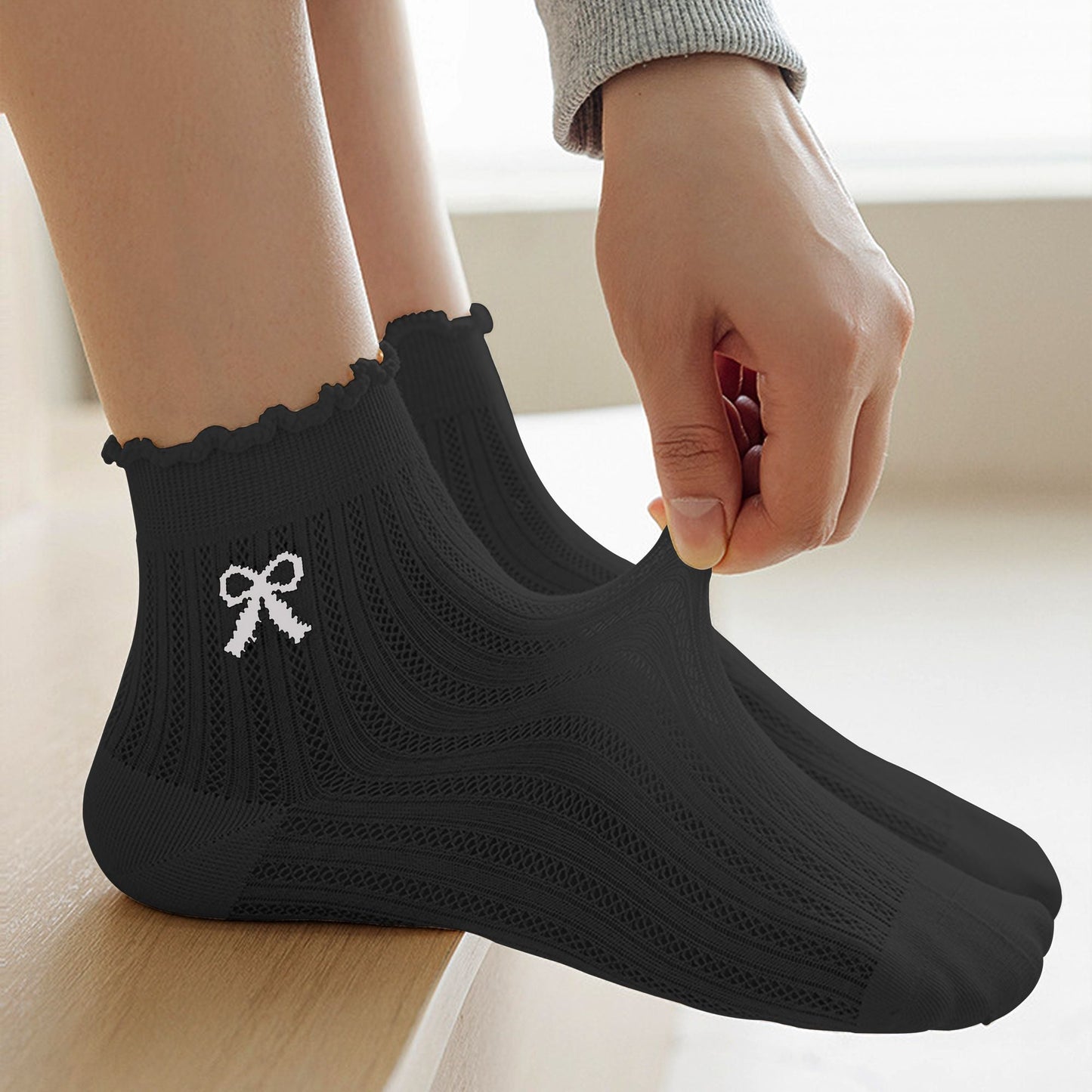 Anna-Kaci Women's Summer Ribbed Ankle Socks with Bow Embroidery 5Pk