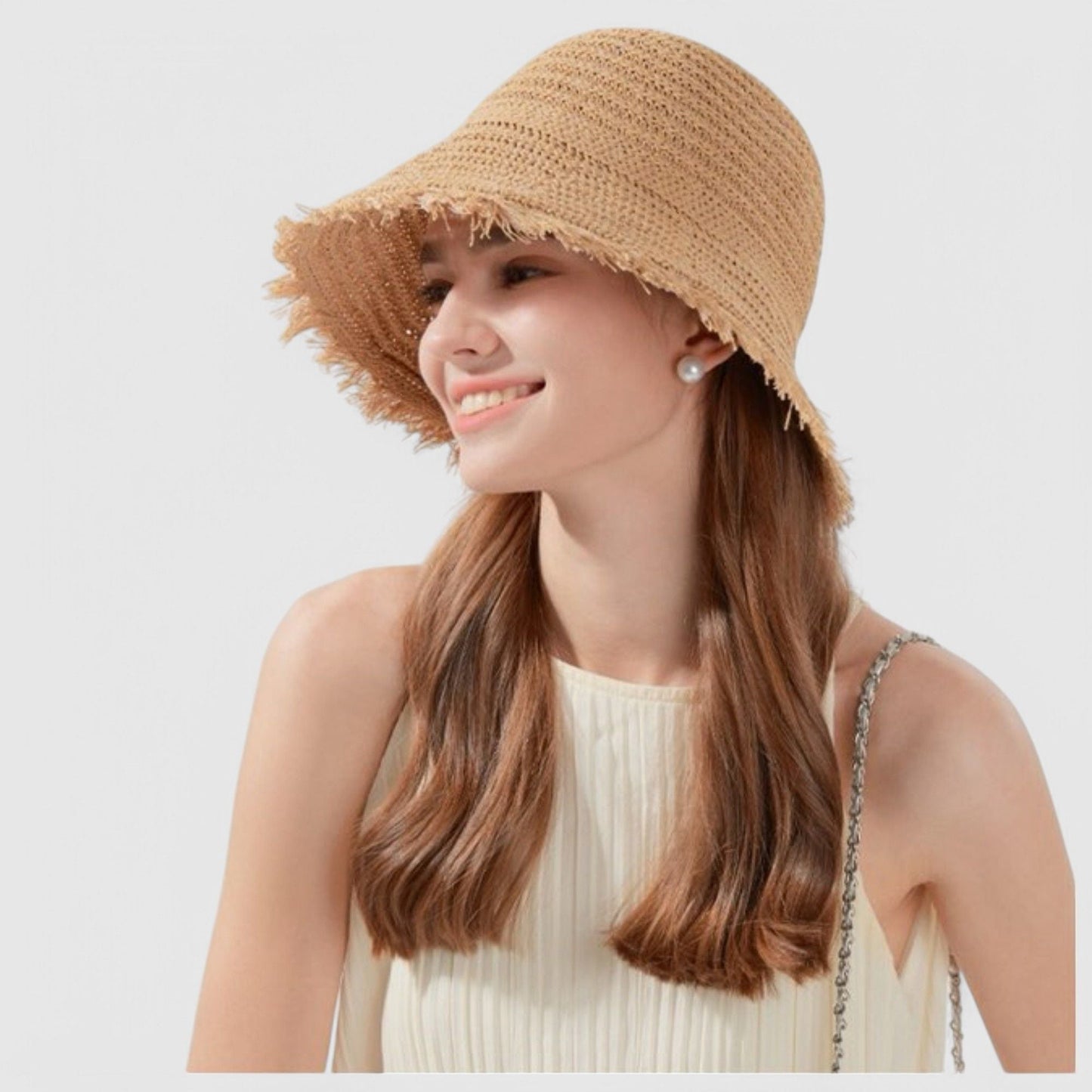 Anna-Kaci Women's Woven Bucket Hat with Soft Frayed Brim and Lightweight Straw Texture