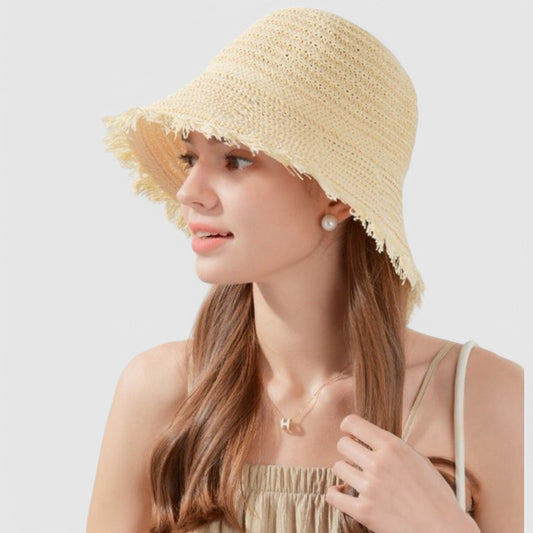 Anna-Kaci Women's Woven Bucket Hat with Soft Frayed Brim and Lightweight Straw Texture