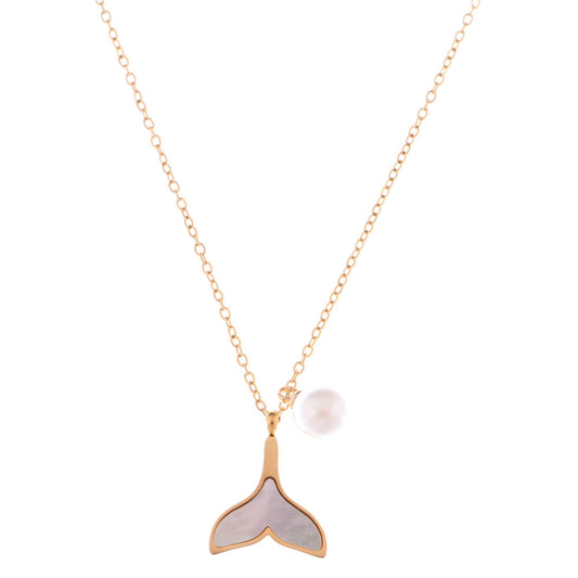 Alilang Gold Tone Mermaid Tail Necklace with Pearl Accent and Mother of Pearl Inlay