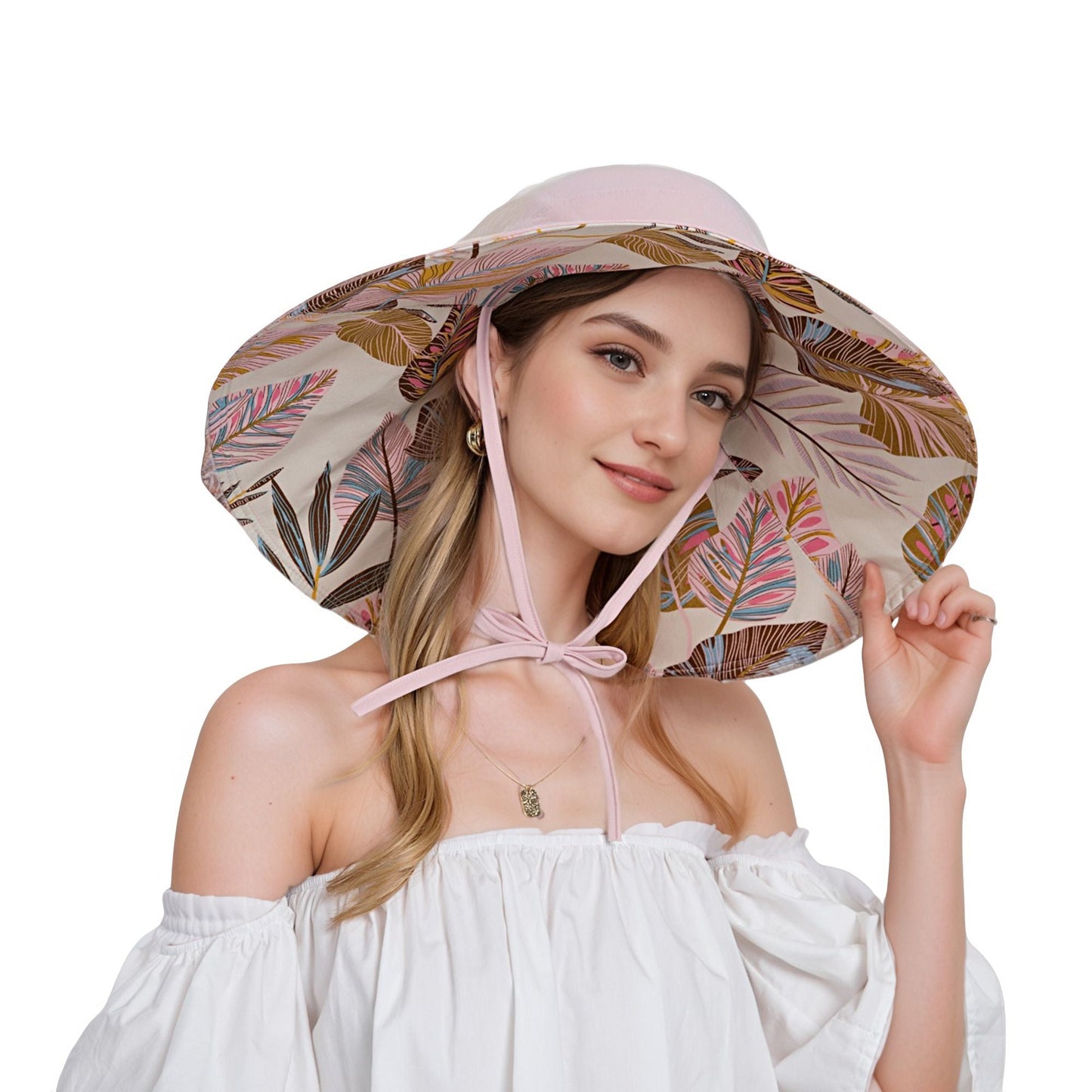 Anna-Kaci Wide Brim Sun Hat with Ponytail Hole Neck Tie Closure and Patterned Lining for UV Protection and Outdoor Style