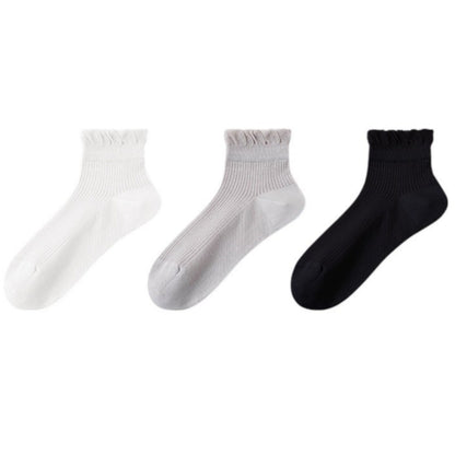 Anna-Kaci Women's Ribbed Ankle Socks with Soft Ruffle Cuff Stretch Knit Fabric for Everyday Comfort 3-Pack