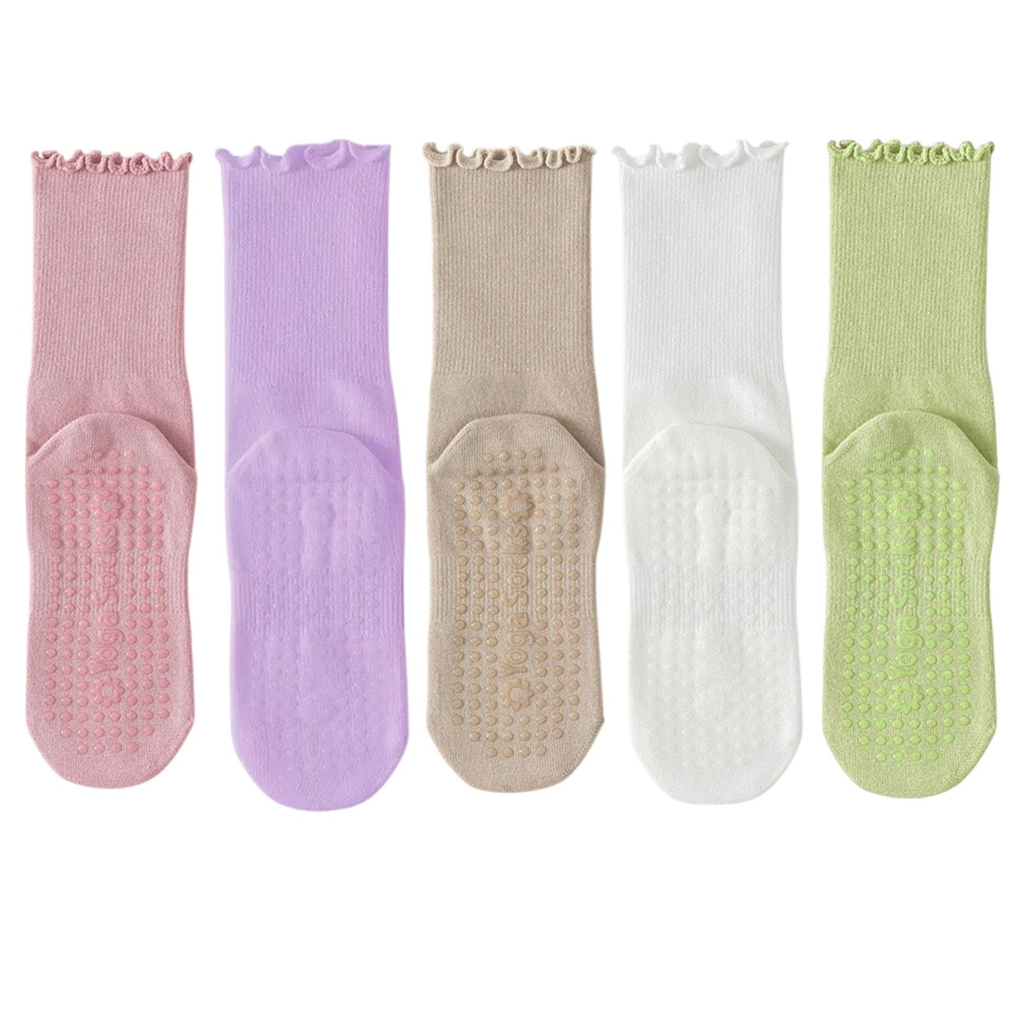 Anna-Kaci 5 Pairs Women's Anti-Slip Crew Yoga Socks Soft Cotton Grip Sole Seamless Toe Design for Pilates Indoor Workouts