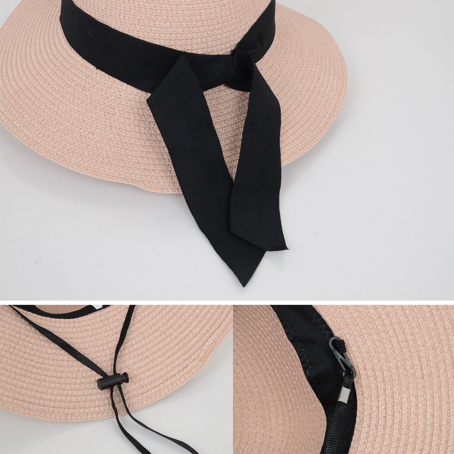 Anna-Kaci Wide Brim Straw Sun Hat with Black Ribbon Bow Adjustable Chin Strap Inner Sweatband for Outdoor and Travel Use