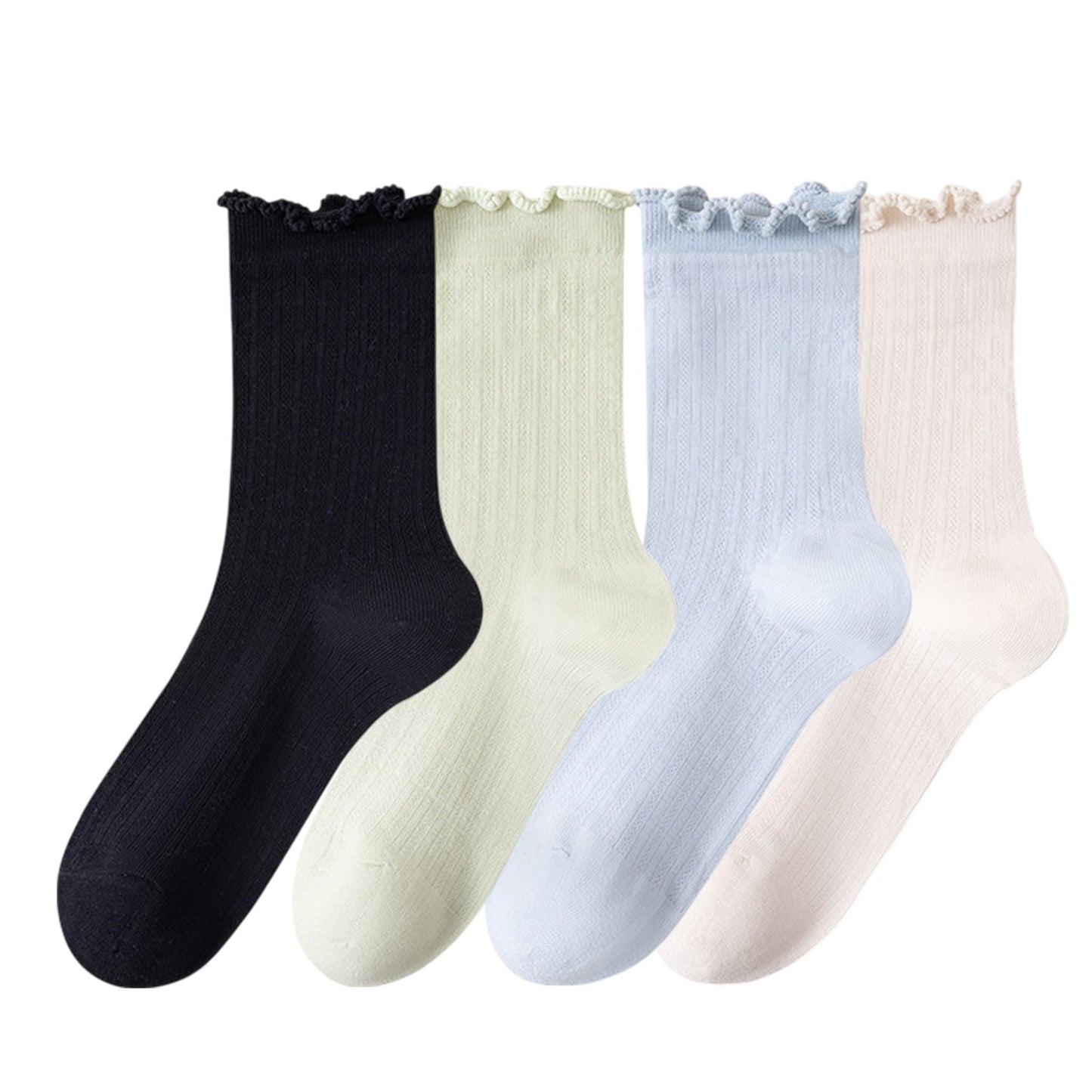 Anna-Kaci Women's 4-Pair Pack Soft Ribbed Ankle Socks with Ruffled Edge Trim Lightweight Knit Design in Multiple Color Combinations