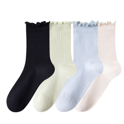 Anna-Kaci Women's 4-Pair Pack Soft Ribbed Ankle Socks with Ruffled Edge Trim Lightweight Knit Design in Multiple Color Combinations