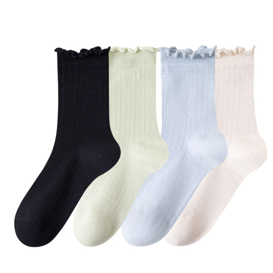 Anna-Kaci Women's 4-Pair Pack Soft Ribbed Ankle Socks with Ruffled Edge Trim Lightweight Knit Design in Multiple Color Combinations