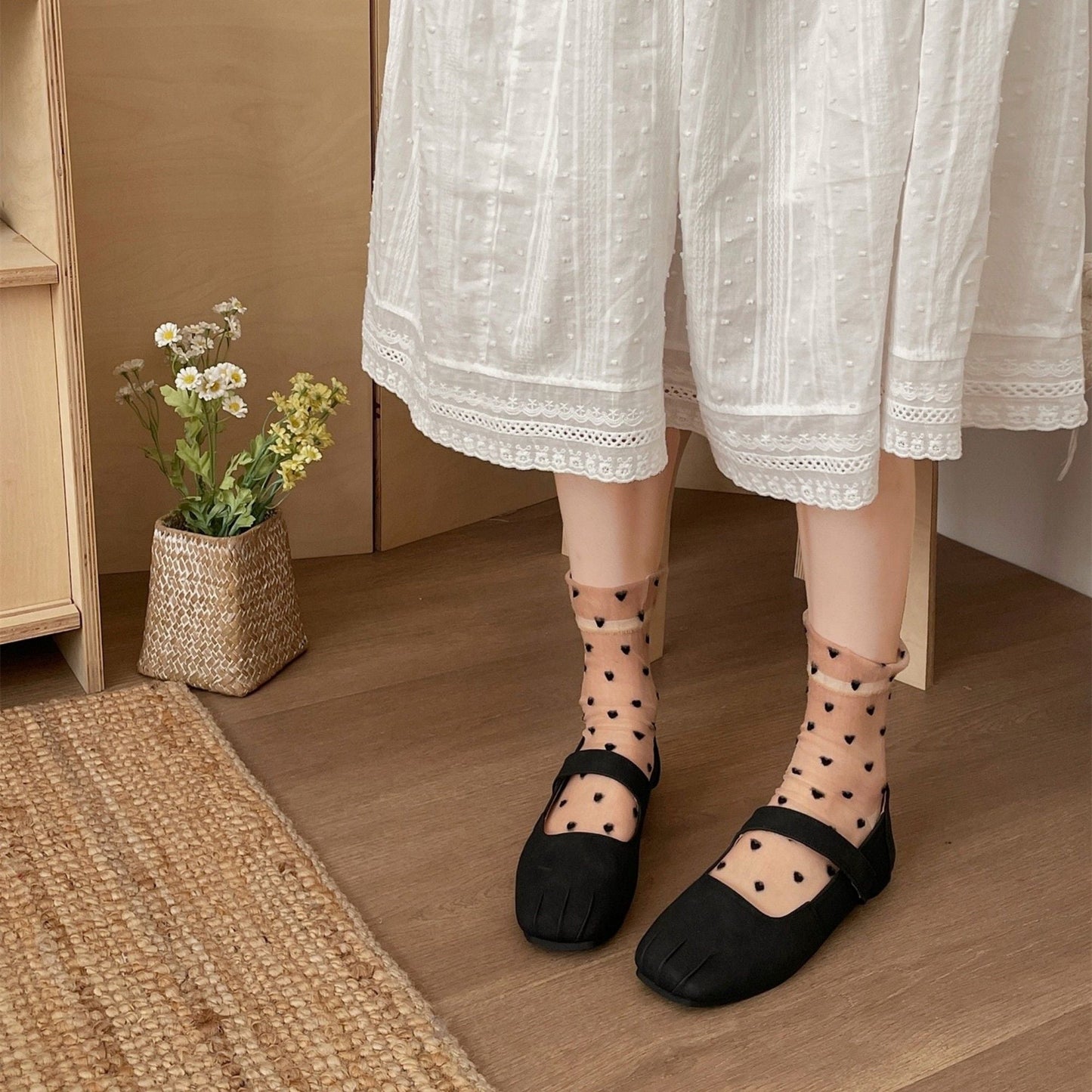 Anna-Kaci Women's Sheer Crew Socks with Flocked Heart Pattern and Reinforced Toe and Heel 2-Pack