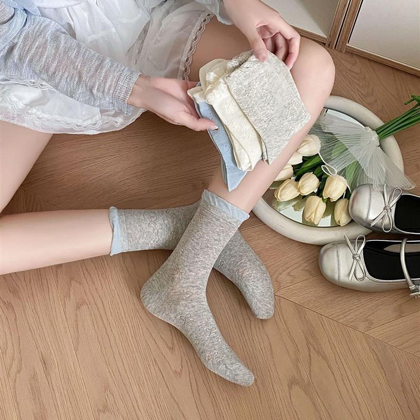 Anna-Kaci Women's Bow-Patterned Ruffle-Cuff Ankle Socks 6pk