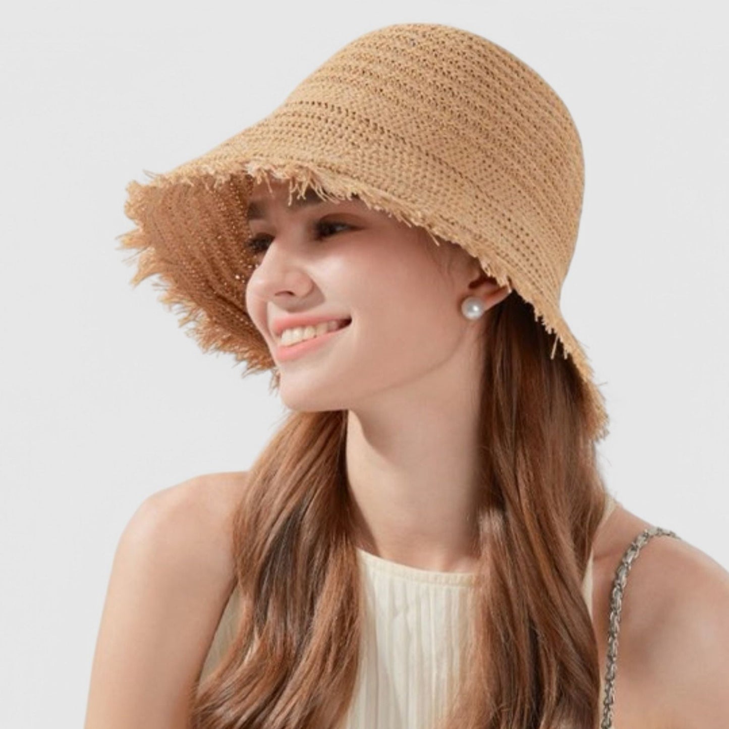 Anna-Kaci Women's Woven Bucket Hat with Soft Frayed Brim and Lightweight Straw Texture