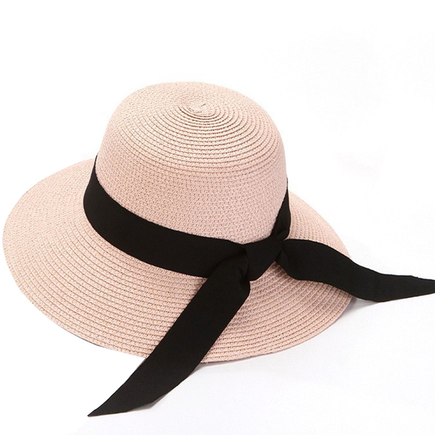 Anna-Kaci Wide Brim Straw Sun Hat with Black Ribbon Bow Adjustable Chin Strap Inner Sweatband for Outdoor and Travel Use