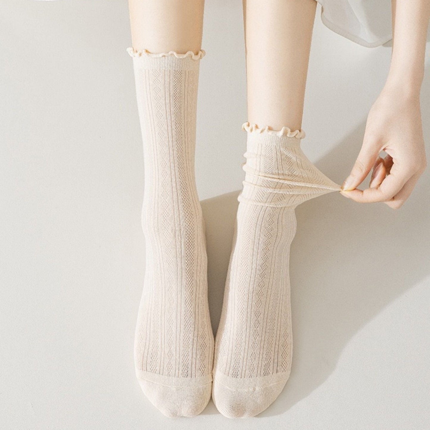 Anna-Kaci Women's Ribbed Crew Socks with Ruffle Lettuce Trim Soft Stretch Knit Comfortable Everyday 5-Pack