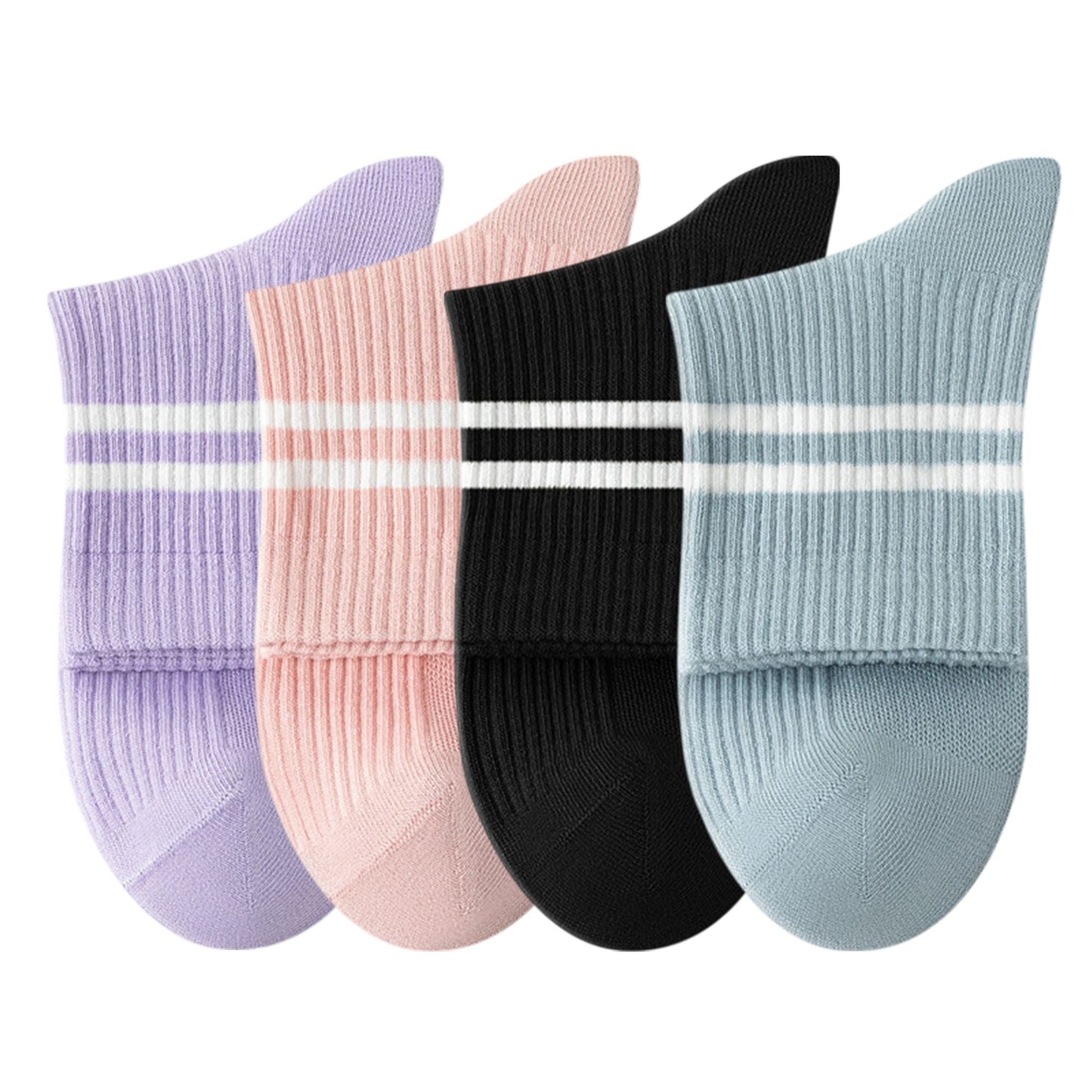 Anna-Kaci Womens Athletic Crew Socks 4-Pack Ribbed Knit Design Contrast Double Stripe Stretch Comfort Everyday Fit