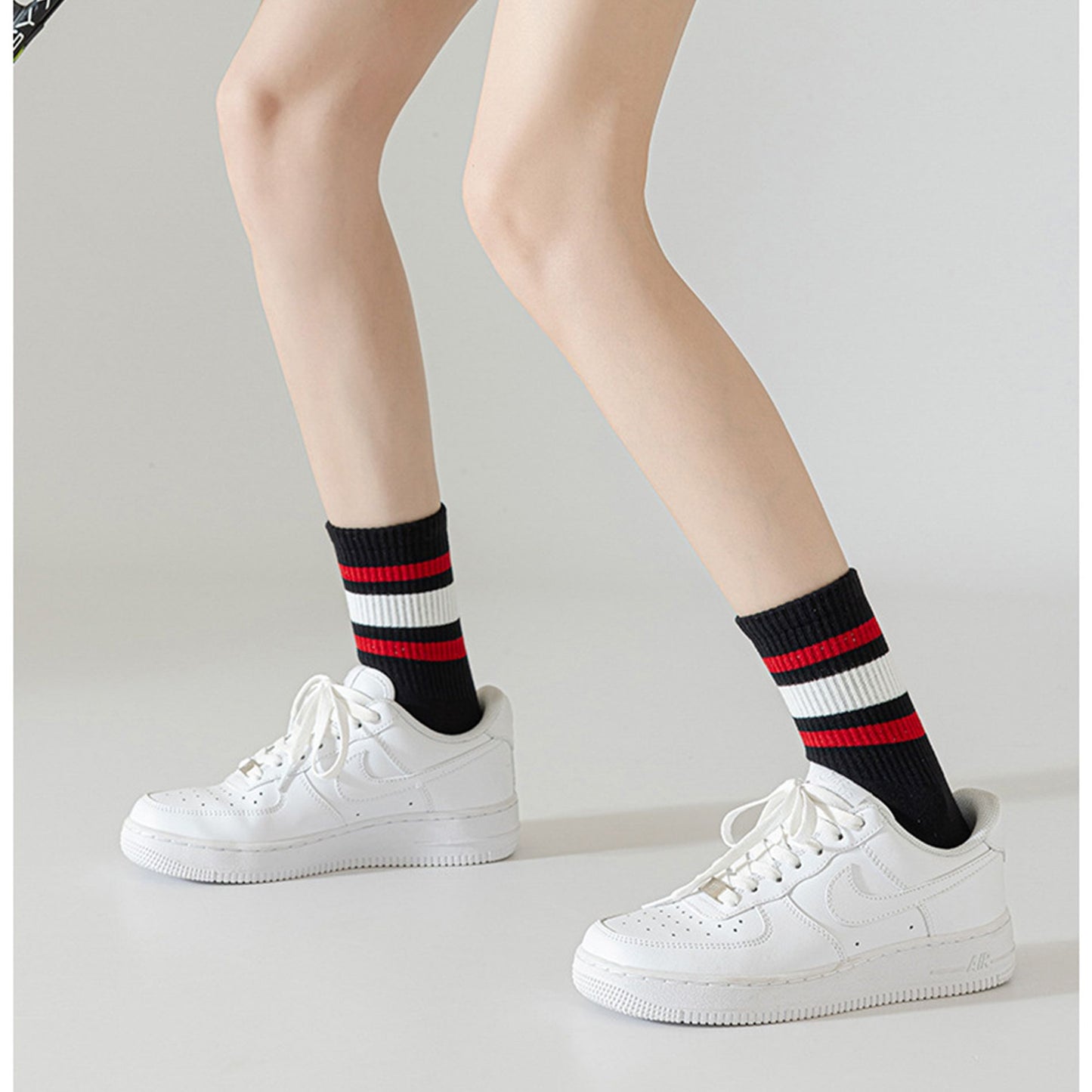 Anna-Kaci Crew Socks 4-Pack White Base Colorful Ribbed Cuff Striped Design Stretch Comfort Breathable Fit